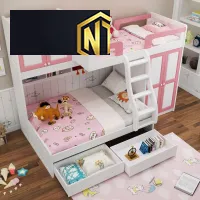 GIƯỜNG TẦNG TRẺ EM NGỌC THỊNH MÀU TRẮNG MIX CHI TIẾT VIỀN HỒNG